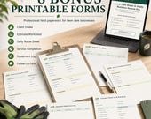 A tablet displays a digital product cover, next to printed forms including a lawn care estimate, daily route sheet, and equipment maintenance log, with gardening gloves and a plant.