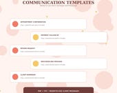 A digital interface titled "Communication Templates" displaying five sections for different message types: "Appointment Confirmation," "Payment Follow-up," "Review Request," "Rescheduling Message," and "Client Reminder."