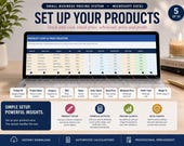 A desktop monitor displays a "Product Cost & Price Register" spreadsheet, with a plant, a candle, and a notebook on the desk, and text overlays describing "Set Up Your Products."
