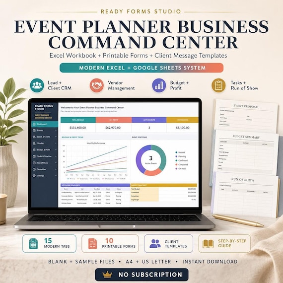 Event Planner Business Spreadsheet, Client CRM & Vendor Tracker for Google Sheets and Excel