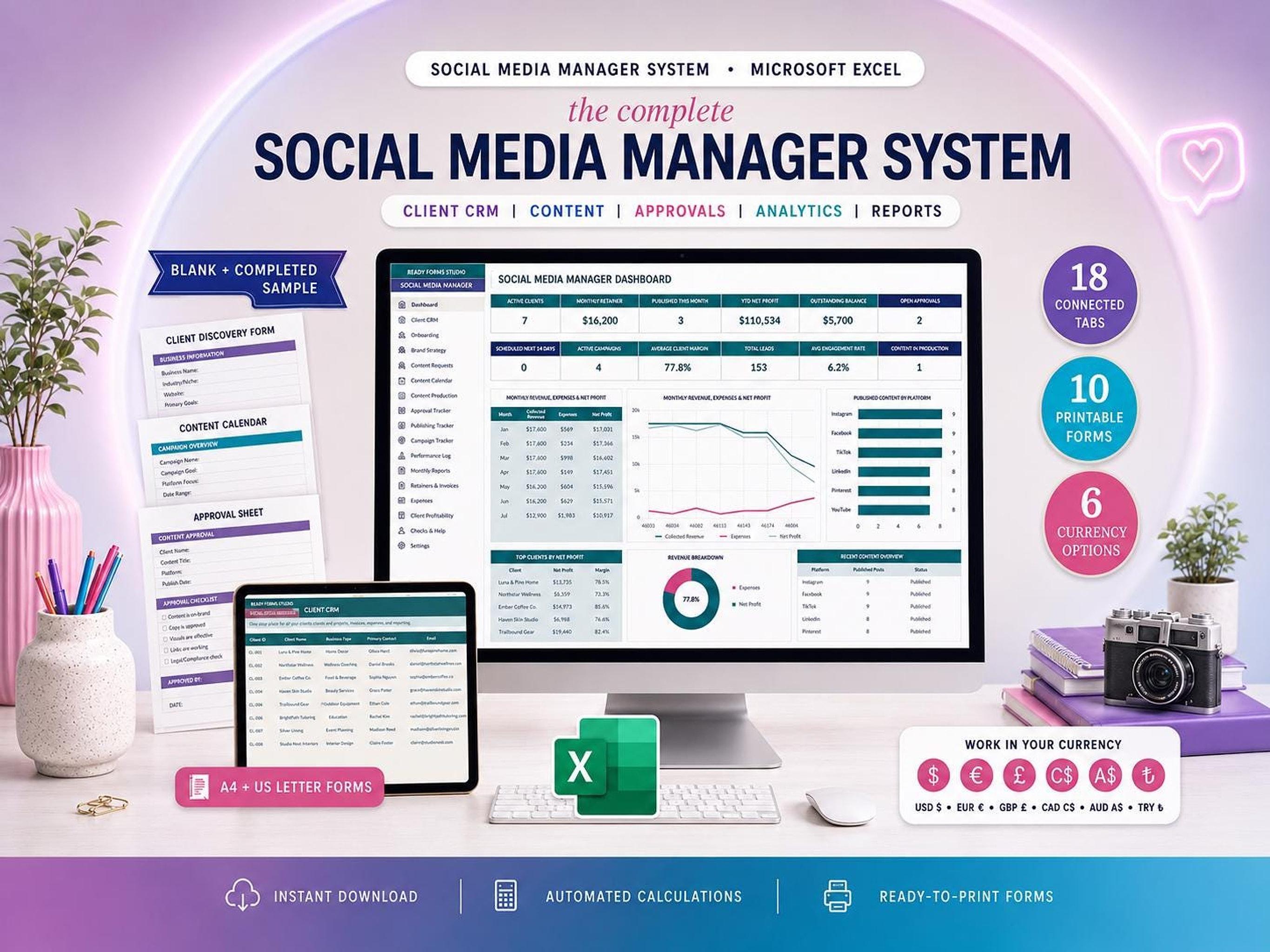 A desktop monitor displays an Excel social media management dashboard with charts and data, flanked by a tablet showing a client CRM form and a camera, with office supplies in the foreground.