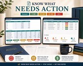 A laptop displays an "Aging Report" spreadsheet and a "Follow-up Schedule" spreadsheet, with icons around it indicating features like "Know What Needs Action."