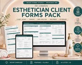 A desktop monitor and tablet display digital forms, with printed forms, skincare bottles, and a jade roller on a counter.