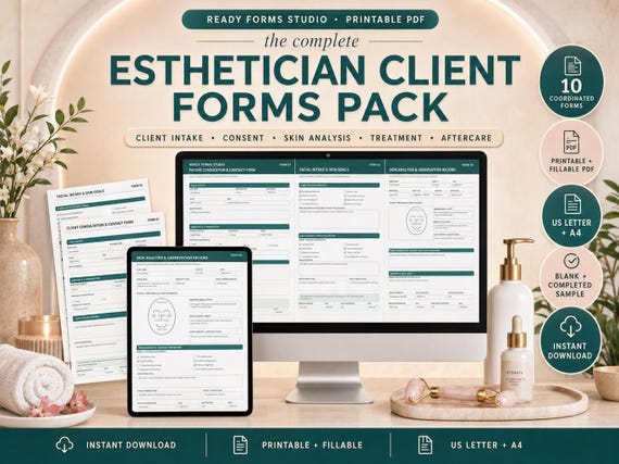Esthetician Client Forms Pack: Facial Intake, Consent, Consultation, Treatment Record and Aftercare Templates