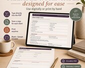 A close-up of a client intake form on a laptop screen, with a printed form below it, and a gold pen on a dark desk.