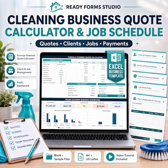 Cleaning Business Quote Calculator & Job Schedule | House Cleaning Client CRM, Payments and Profit Spreadsheet | Excel Template
