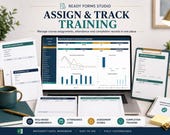 A laptop shows an Excel dashboard, with various forms like "Course Assignment," "Attendance Log," and "Assessment Score Sheet" arranged around it.
