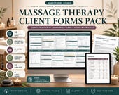 A desktop computer displays a grid of 10 massage therapy client forms, with a tablet showing a verified tasks form and a stack of forms on the right.