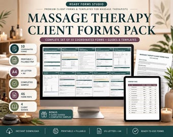 Pakket met cliëntformulieren voor massagetherapie: intakeformulier, toestemmingsformulier, SOAP-verslagen, behandelplan en nazorgsjablonen (printbaar PDF-bestand)