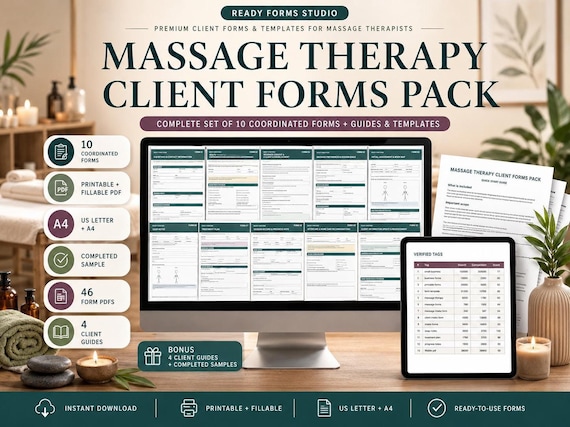 Massage Therapy Client Forms Pack: Intake Form, Consent, SOAP Notes, Treatment Plan and Aftercare Templates Printable PDF