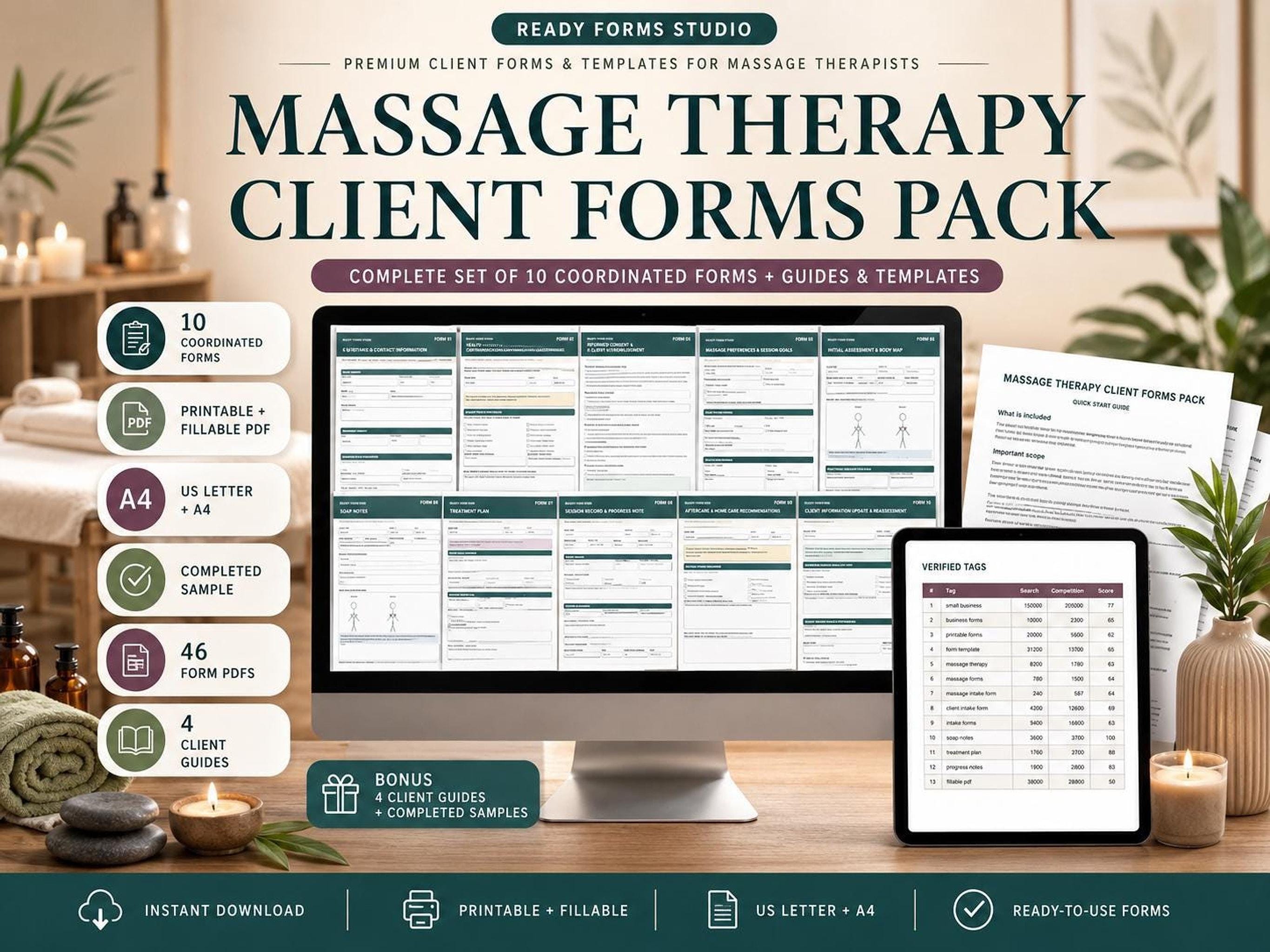 A desktop computer displays a grid of 10 massage therapy client forms, with a tablet showing a verified tasks form and a stack of forms on the right.