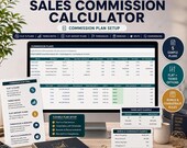 A desktop computer displays a sales commission calculator setup with commission plan types, next to a tablet, a phone, and a mug.