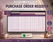 A desktop monitor displays an Excel spreadsheet titled "Purchase Order Register" with rows of order data, next to a vase with pink flowers and office supplies.