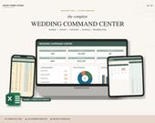 A laptop, smartphone, and tablet display a wedding command center spreadsheet with budget, guest, and calendar sections.