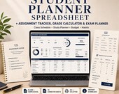 A laptop displays a student planner spreadsheet with sections for dashboard, semester plan, and grade calculator, next to a notebook, pen, and a printed planner page.