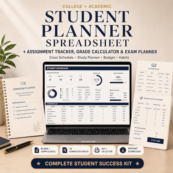 Student Planner Spreadsheet with Assignment Tracker Grade Calculator | Digital Study Tool for College & School