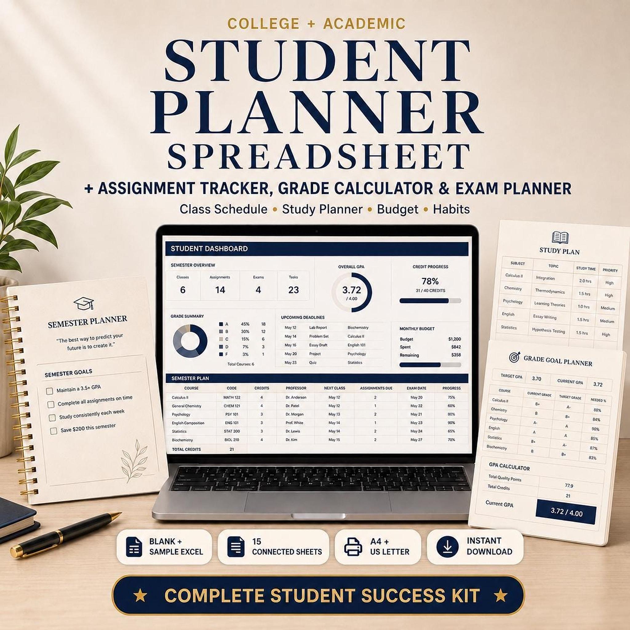A laptop displays a student planner spreadsheet with sections for dashboard, semester plan, and grade calculator, next to a notebook, pen, and a printed planner page.
