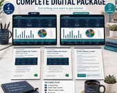 Two laptops show blank and completed versions of a lead and follow-up tracker spreadsheet, with a guide, instructions, and product license below.
