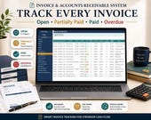 A laptop displays an "Invoice Register" spreadsheet, with icons around it indicating features like "Track Every Invoice" and "Open, Partially Paid, Paid, Overdue."