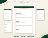 A white welcome book page with green accents displays sections for House Rules, Safety, and Trash & Recycling guidelines.