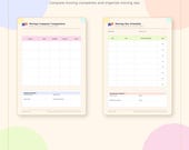 Two planner pages titled "Moving Company Comparison" and "Moving Day Schedule" with blank tables and fields.