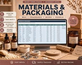 A computer monitor shows a "Materials & Packaging" spreadsheet, with spools of wick, essential oil bottles, and small paper tags on a wooden surface.