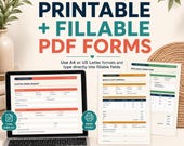 A laptop showing a fillable PDF order form next to two printed template pages with icons indicating A4, US letter, and fillable PDF formats.
