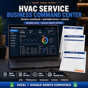 HVAC Business Spreadsheet | Service Call Tracker, Dispatch Schedule, Estimate, Work Order, Parts, Invoice & Dashboard