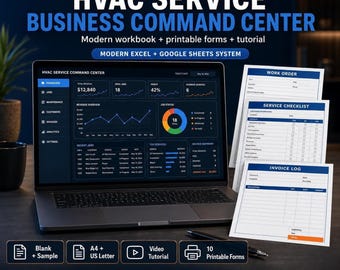Spreadsheet voor HVAC-bedrijven | Serviceoproepregistratie, planning, offerte, werkorder, onderdelen, factuur en dashboard