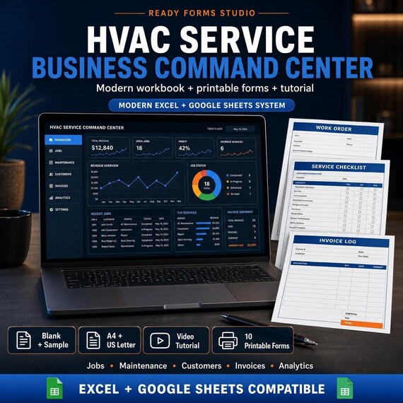 HVAC Business Spreadsheet | Service Call Tracker, Dispatch Schedule, Estimate, Work Order, Parts, Invoice & Dashboard