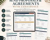 A preview of proposal and contract templates including project proposal covers, pricing schedules, and service agreements.