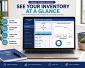A laptop displays an inventory dashboard with sections for "ACTIVE SKU COUNT" and "LOW STOCK COUNT," next to a blue planner, a mug, and a plant.