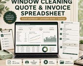 A laptop displaying a window cleaning spreadsheet alongside printable paperwork and a pen on a desk.