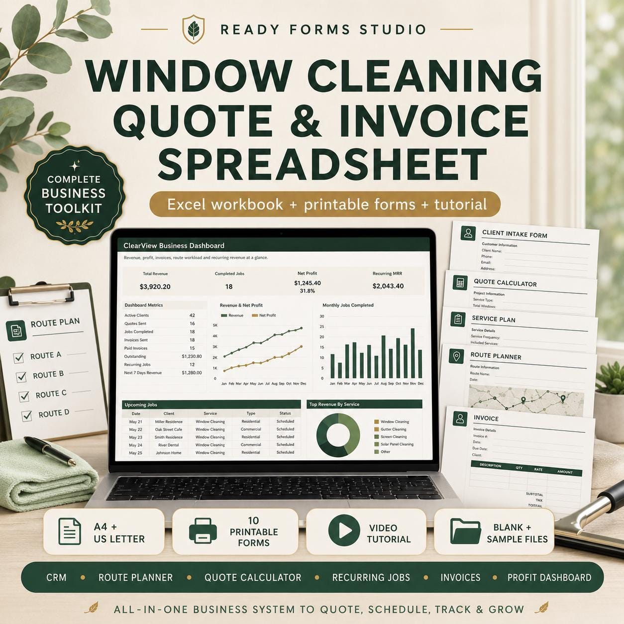 A laptop displaying a window cleaning spreadsheet alongside printable paperwork and a pen on a desk.