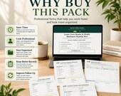 A laptop displays a product cover, surrounded by printed forms for lawn care estimates, daily route sheets, and client job tracking, with a plant in the background.