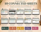 A laptop screen shows a flowchart of 10 connected sheets for a pricing system, including start here, dashboard, settings, and product recipes.