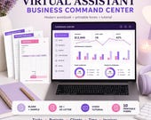 A laptop displays a "Virtual Assistant Command Center" dashboard with revenue, open jobs, and profit metrics, surrounded by a stack of blank forms, a purple notebook, and a pair of headphones.
