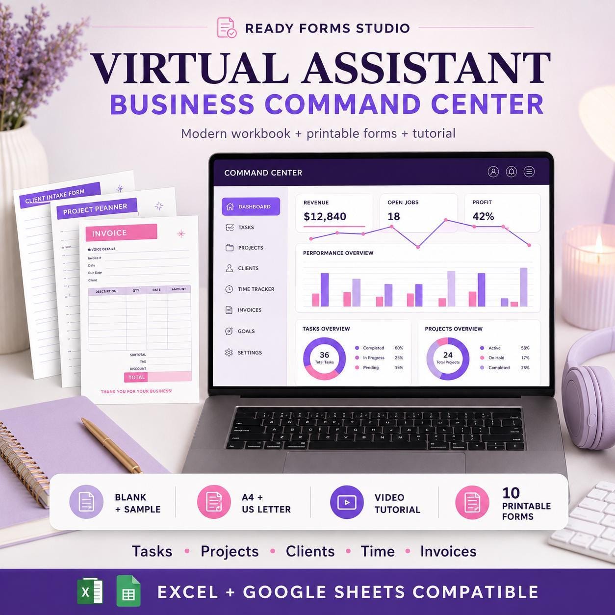 A laptop displays a "Virtual Assistant Command Center" dashboard with revenue, open jobs, and profit metrics, surrounded by a stack of blank forms, a purple notebook, and a pair of headphones.