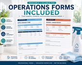 Two printed forms, "Supply Request Form" and "Incident / Damage Report," are shown next to a blue spray bottle and towel.