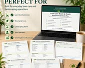 A laptop displays a digital product cover, next to printed forms for lawn care estimates, daily route sheets, and client job tracking, with a plant and a coffee mug.