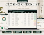 A laptop screen displays a 'Closing Checklist' spreadsheet with columns for transaction ID, item, due date, and status, showing an 84% completion rate.