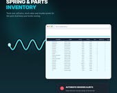 A screen displaying a "Parts & Spring Inventory" spreadsheet with columns for compatibility, supplier, unit cost, stock, and reorder point, with a wavy blue graphic.