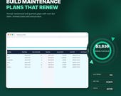 A screen displaying a "Recurring Maintenance Plans" spreadsheet with columns for plan type, start date, interval, next due date, annual value, and last visit, showing a total annual plan value of $3,836.