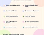 A graphic titled "What's Included" listing 10 numbered items like "Moving Overview & Key Dates" and "Moving Budget Tracker."
