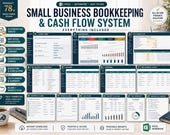 A laptop displays a comprehensive financial system dashboard with multiple sections for income, expenses, and cash flow, with a tablet and books on the desk.