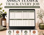 A laptop displays a team capacity, actual hours, profit per job, and ratings spreadsheet, flanked by a spray bottle and a glass candle.