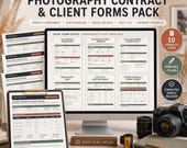 A flat lay shows a camera, lenses, film, and a clipboard with a "Photography Service Agreement" form, with a laptop displaying various digital forms.