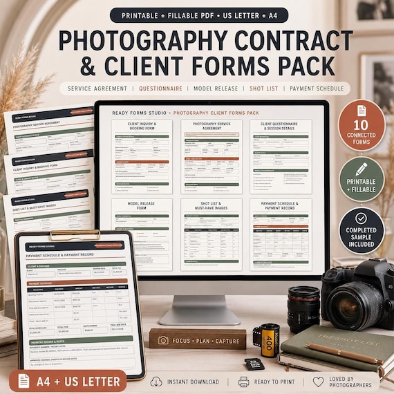 Photography Contract & Client Forms Pack: Questionnaire, Model Release, Shot List and Payment Schedule Templates