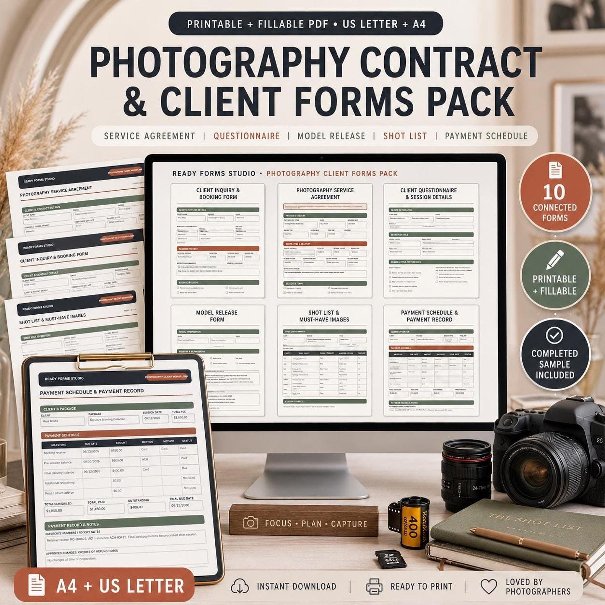 A flat lay shows a camera, lenses, film, and a clipboard with a "Photography Service Agreement" form, with a laptop displaying various digital forms.
