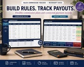 Two tablets display sales commission rule and payout tracker spreadsheets, with a calculator and books on a wooden desk.
